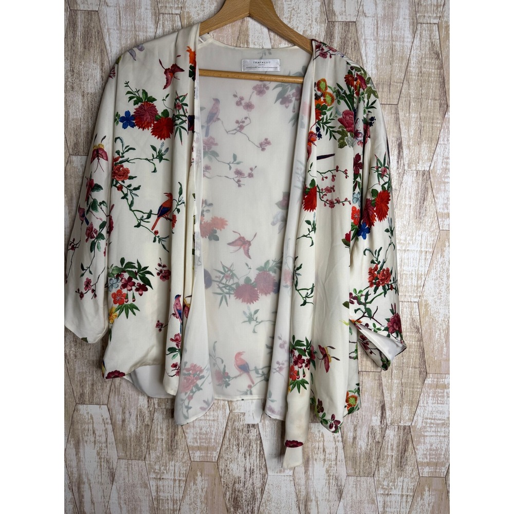 Zara Trafaluc Floral Bird Print Kimono Cardigan Cream Open Front Size M